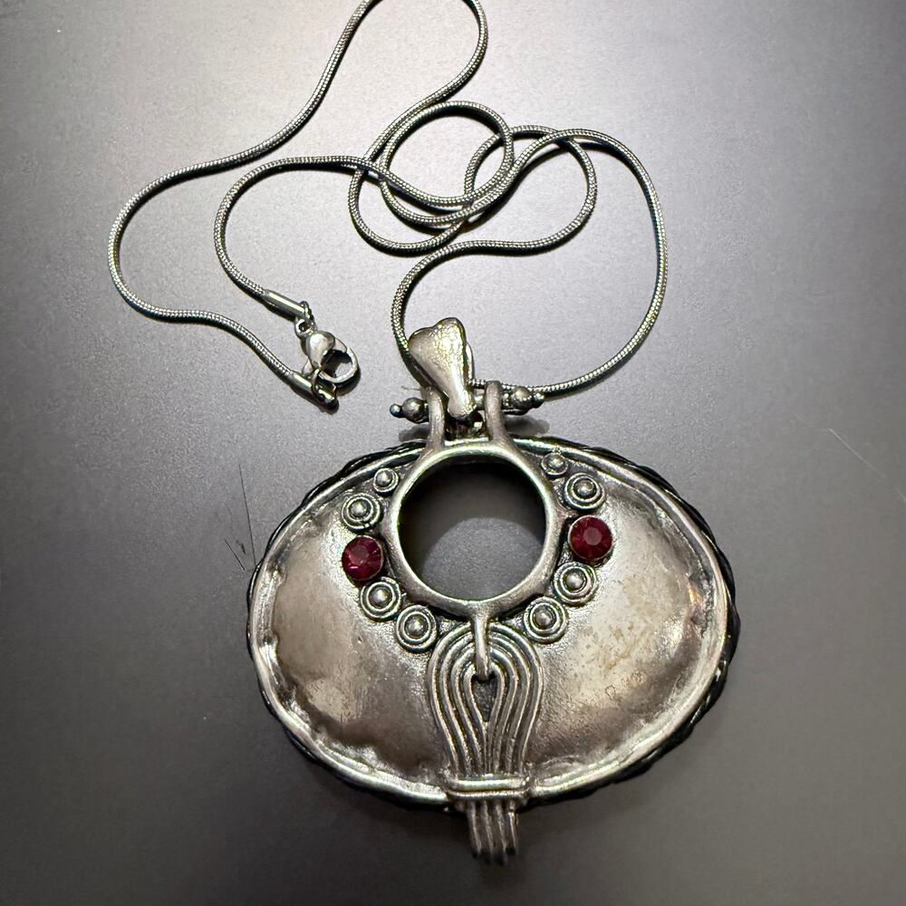 Faux Leather Braid Wrapped Red Crystal Silver Tone Pendant
